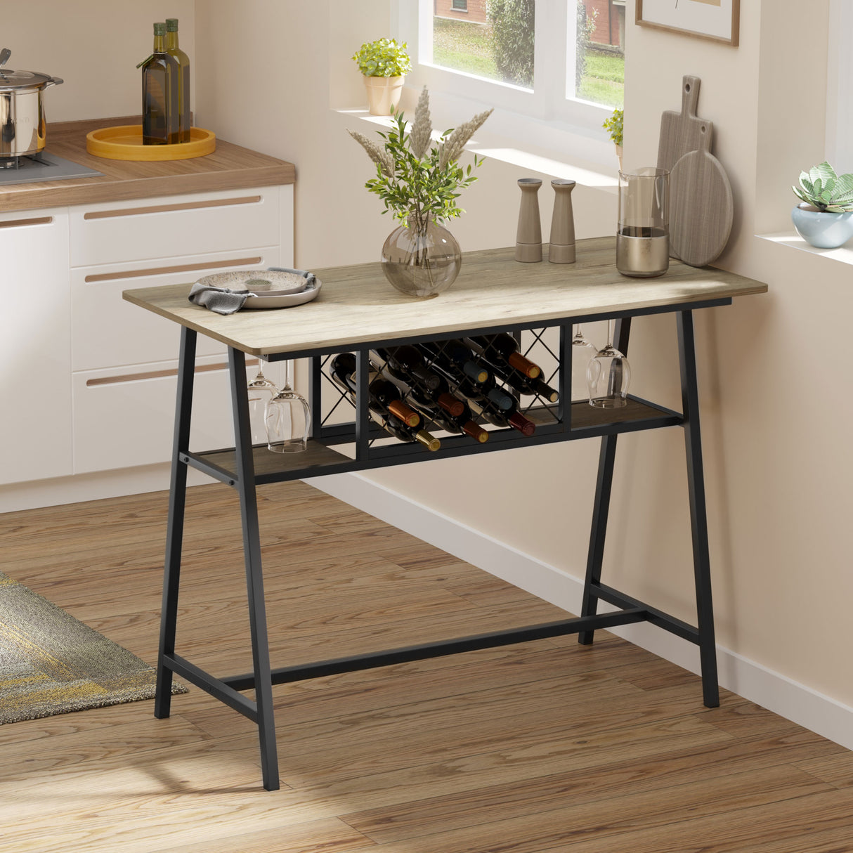 easycomfort easycomfort tavolo da bar industriale da 10 bottiglie in truciolato e acciaio 120x60x91 cm nero e color legno