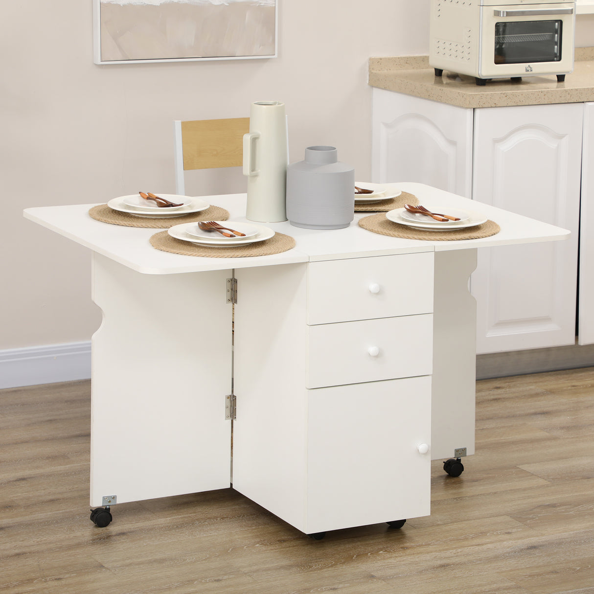 easycomfort easycomfort tavolo da cucina a ribalta con 2 cassetti e armadietto ad ante in truciolato 120x80x75 cm bianco