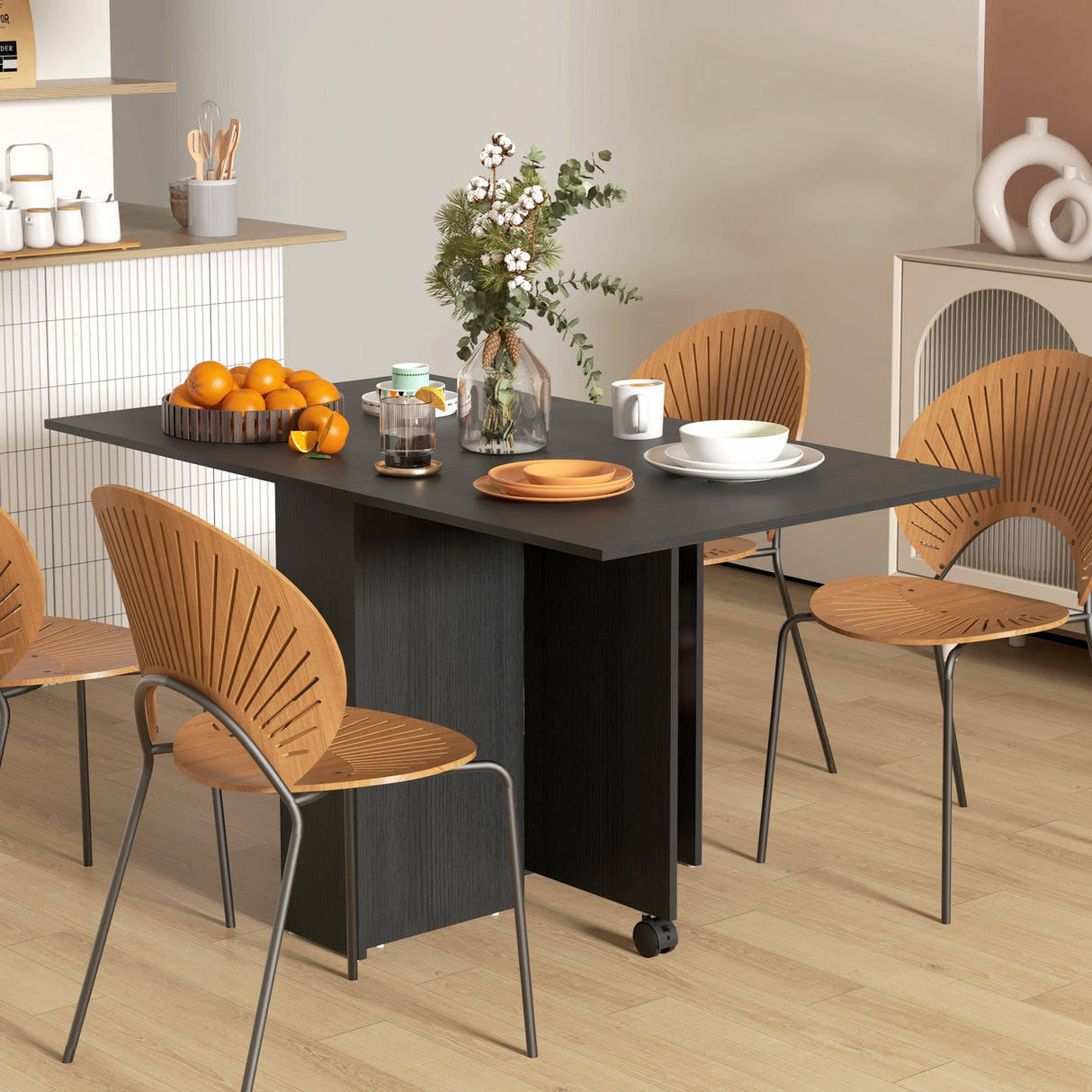 easycomfort easycomfort tavolo pieghevole salvaspazio a 2 ribalte per 6 persone con ripiani e ruote nero