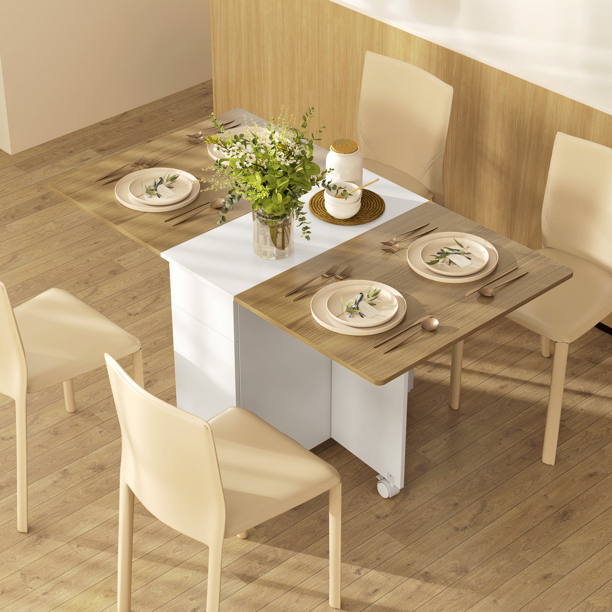 easycomfort easycomfort tavolo rettangolare allungabile con 2 cassetti e un armadietto in legno 140x76x74 cm bianco e color legno