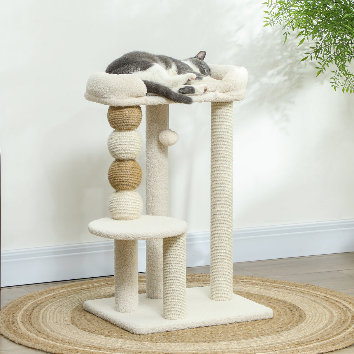 easycomfort easycomfort torre per gatti con lettino piattaforma e pallina giocattolo in legno peluche e iuta 48 5x40x76 cm beige