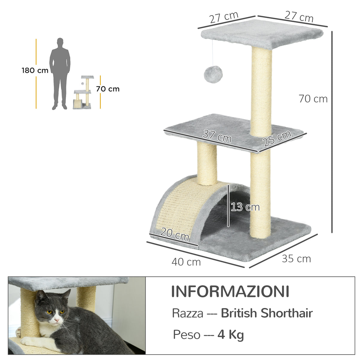 easycomfort easycomfort albero per gatti a 3 livelli con tiragraffi peluche e sisal 40x35x72 cm grigio chiaro