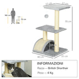 easycomfort easycomfort albero per gatti a 3 livelli con tiragraffi peluche e sisal 40x35x72 cm grigio chiaro