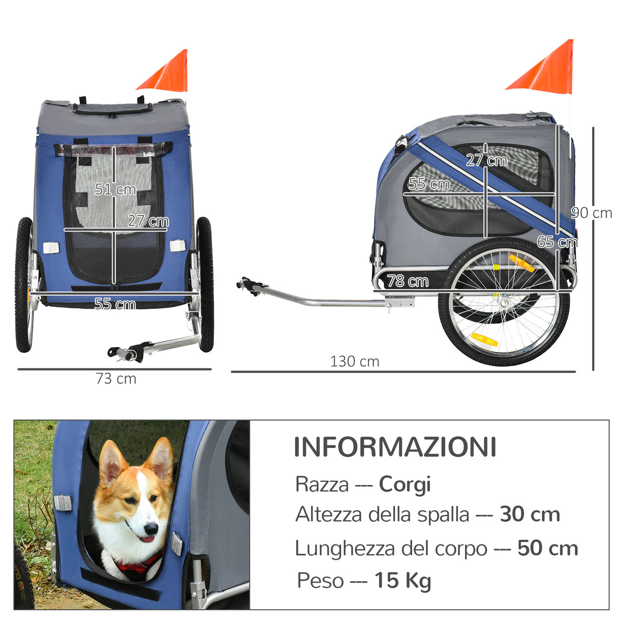 easycomfort easycomfort carrello per cani con reti protettive bandierine e catarifrangenti 130x73x94 cm blu e grigio
