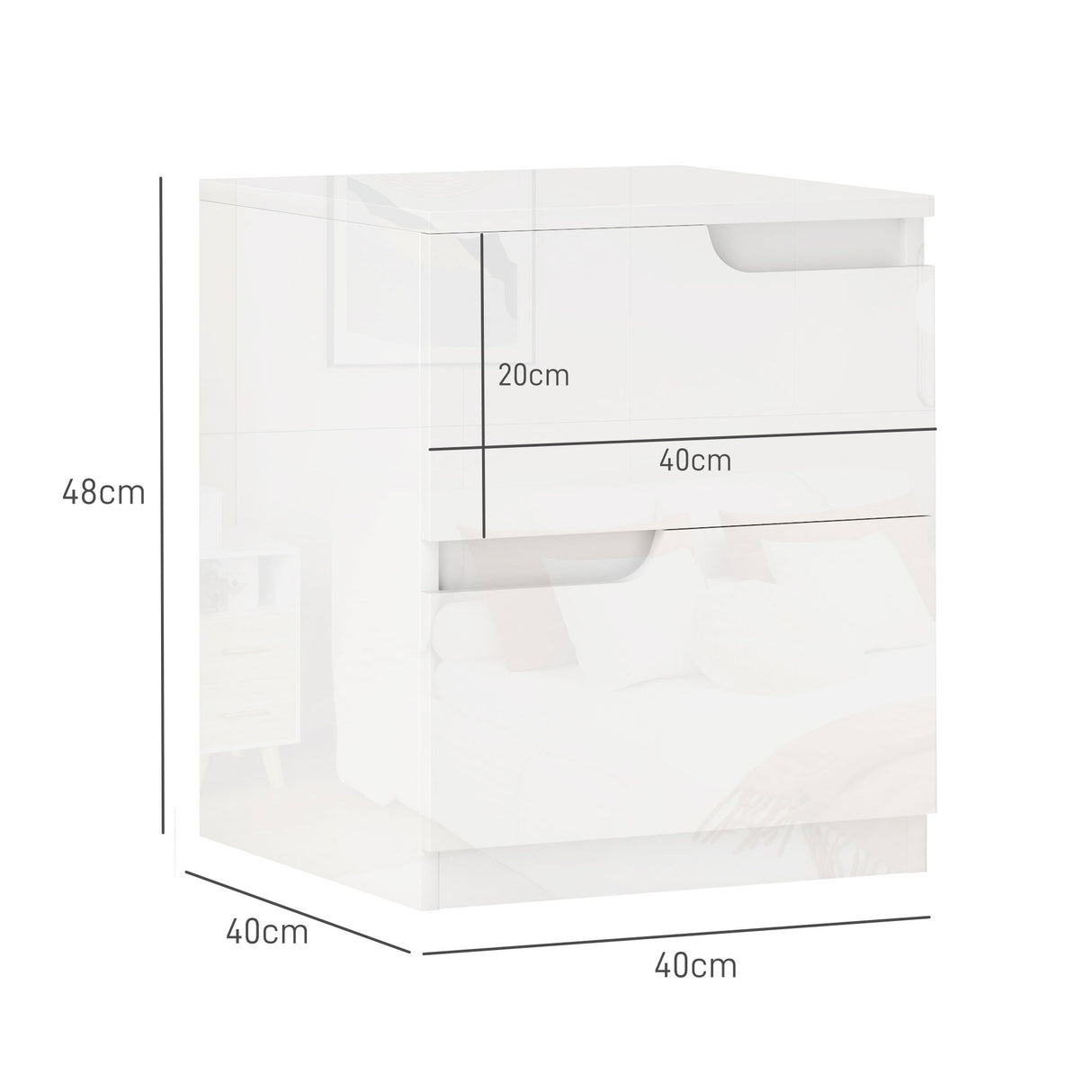 easycomfort easycomfort comodino moderno in legno con 2 cassetti e design lucido 40x40x48 cm bianco