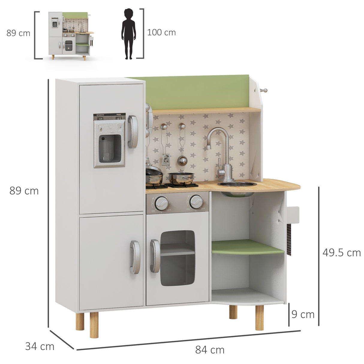 easycomfort easycomfort cucina giocattolo per bambini 3 6 anni con macchina del ghiaccio e utensili 84x34x89 cm bianco e verde