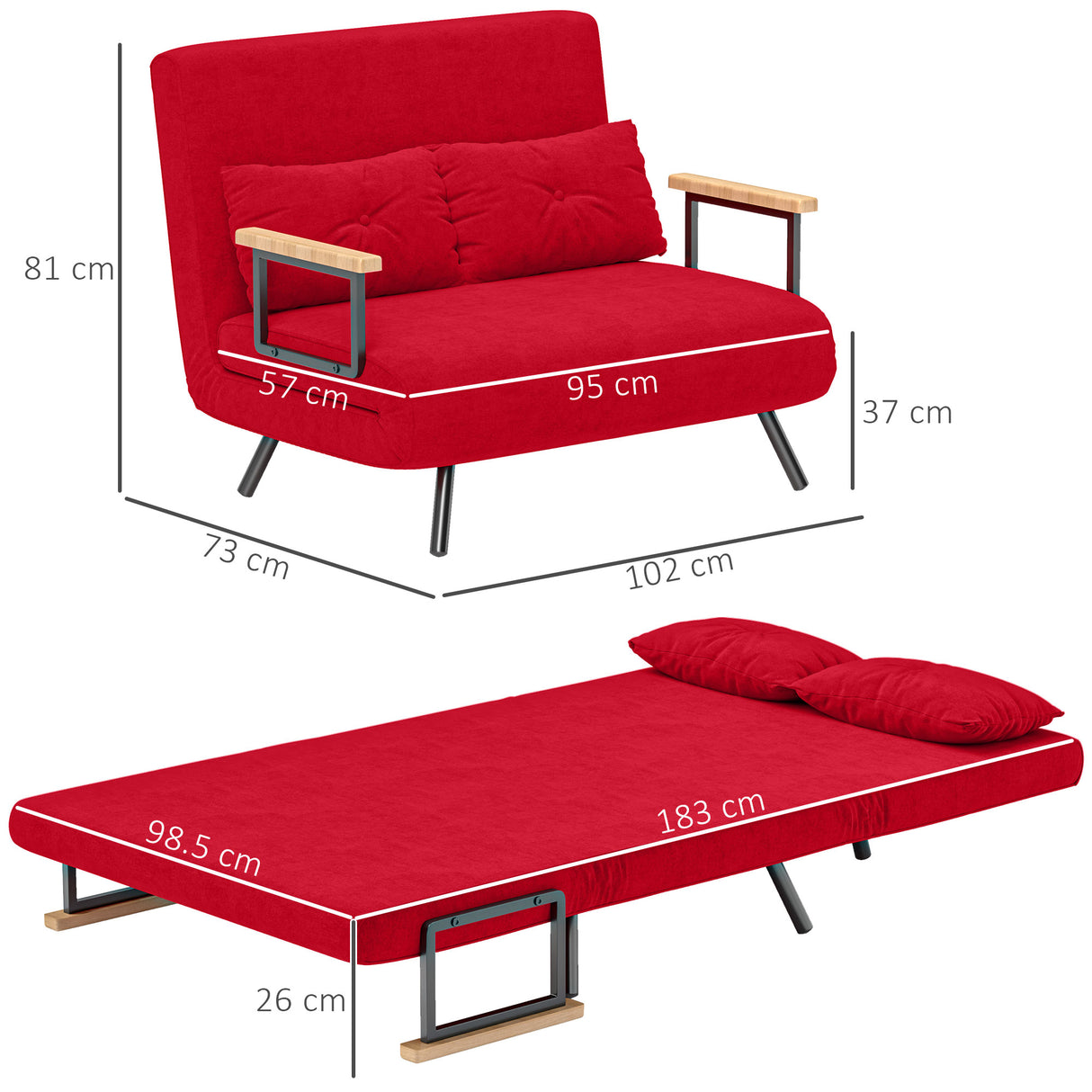 easycomfort easycomfort divano letto in tessuto effetto velluto con schienale regolabile e 2 cuscini 102x73x81 cm rosso