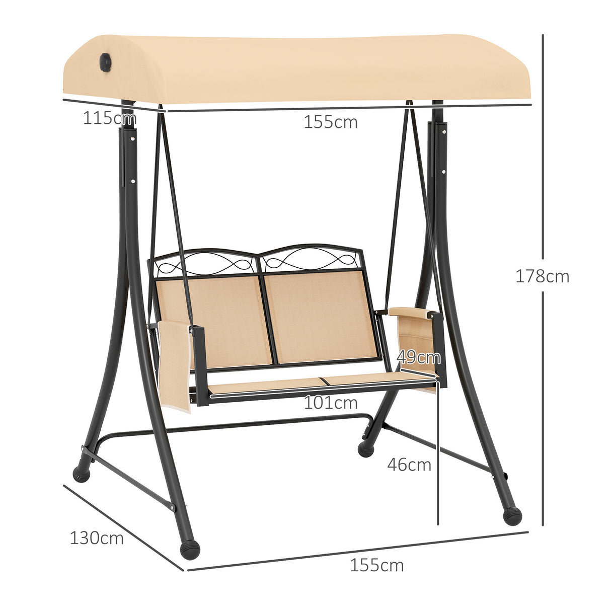 easycomfort easycomfort dondolo da giardino 2 posti con tetto parasole regolabile e tasche laterali beige
