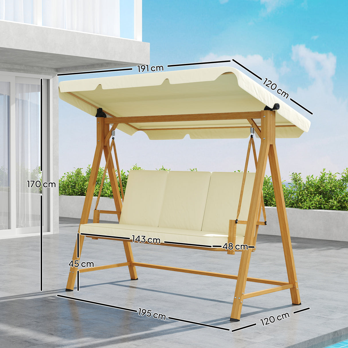 easycomfort easycomfort dondolo da giardino 3 posti con tettuccio regolabile e cuscini 195x120x170 cm beige