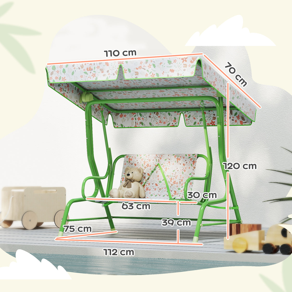 easycomfort easycomfort dondolo per bambini da esterno a 2 posti con tettuccio regolabile e cinture di sicurezza 112x75x120 cm verde