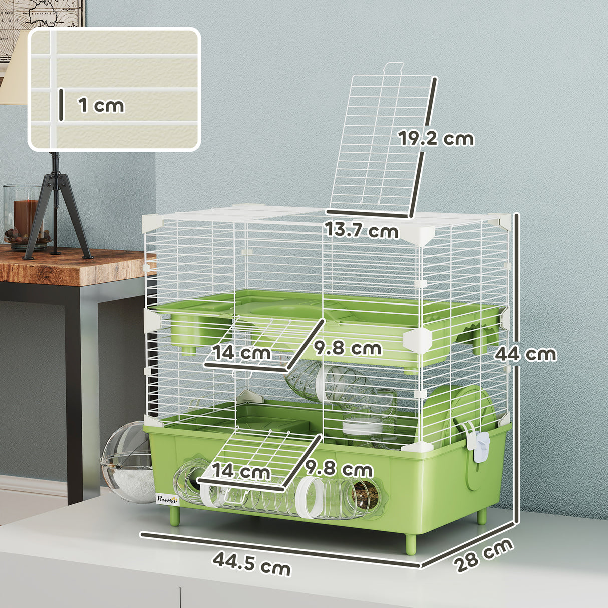 easycomfort easycomfort gabbia per criceti a 2 livelli e 3 porte con ruota e tubi in acciaio ps e pp 44 5x28x44 cm verde e bianco