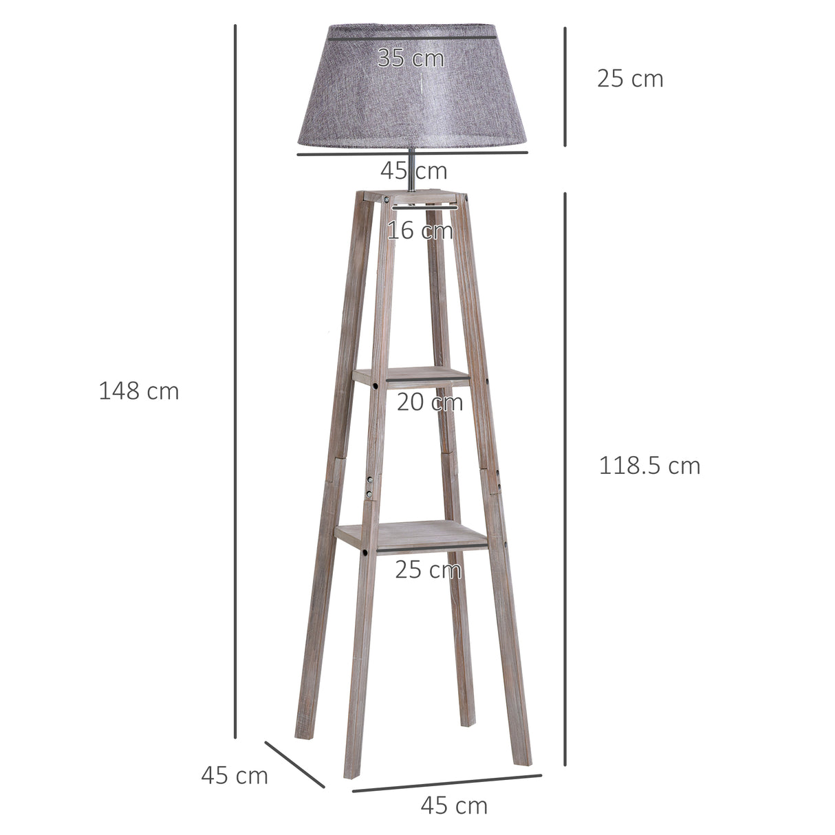 easycomfort easycomfort lampada da terra in legno con 3 ripiani e paralume in tessuto 45x45x148cm grigio