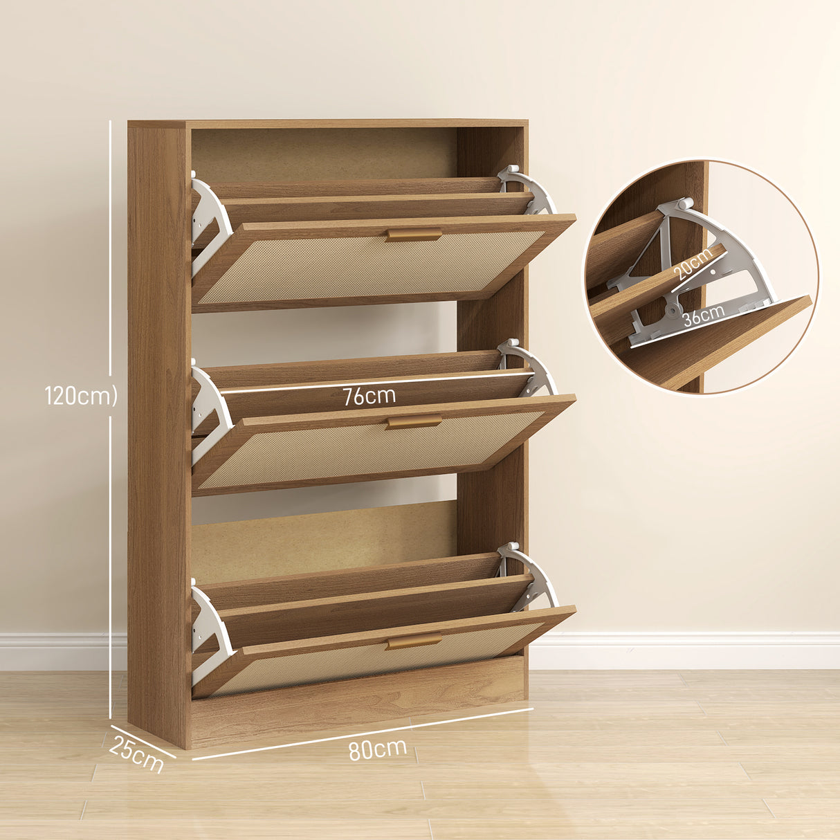 easycomfort easycomfort mobile scarpiera per 18 paia di scarpe con 3 cassetti ribaltabili in legno e rattan 80x25x120 cm marrone