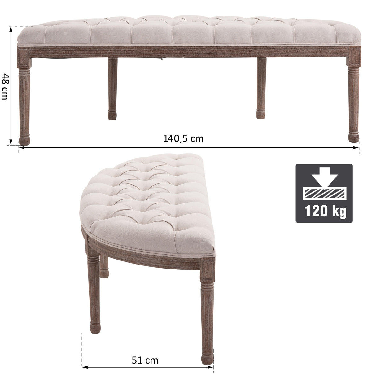 easycomfort easycomfort panca fondoletto semicircolare con struttura in legno e imbottitura in stile chesterfield beige 1405x51x48cm ean 8054144138909