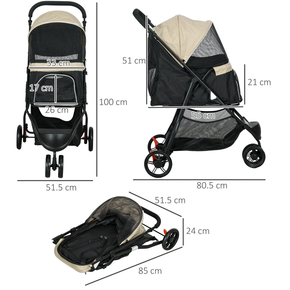 easycomfort easycomfort passeggino per cani piccoli pieghevole a 3 ruote con copertura antipioggia e cestino cachi