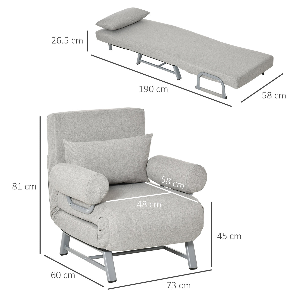 easycomfort easycomfort poltrona letto singolo con schienale reclinabile 5 livelli con cuscino extra tessuto e metallo 73x74x81cm grigio