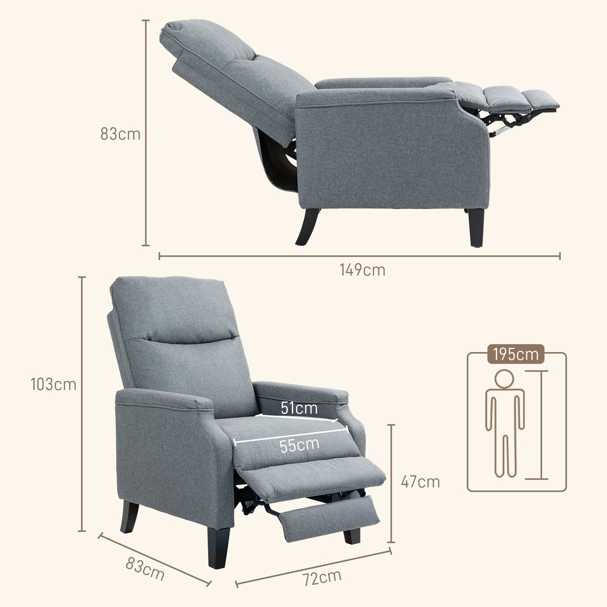 easycomfort easycomfort poltrona relax in tessuto con schienale reclinabile a 130 e poggiapiedi doppio grigio
