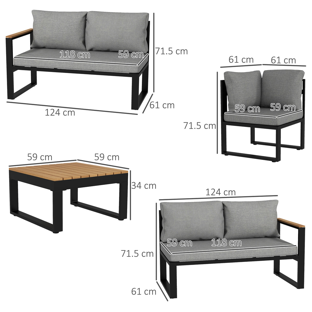 easycomfort easycomfort salotto da giardino con 2 divanetti seduta angolare e tavolino con piano a doghe grigio