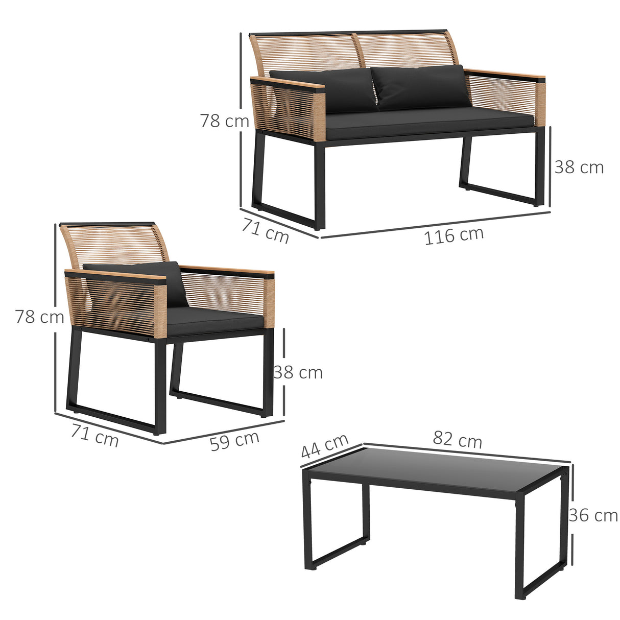 easycomfort easycomfort salotto da giardino in rattan pe con divano 2 posti 2 poltrone tavolino in vetro e cuscini nero