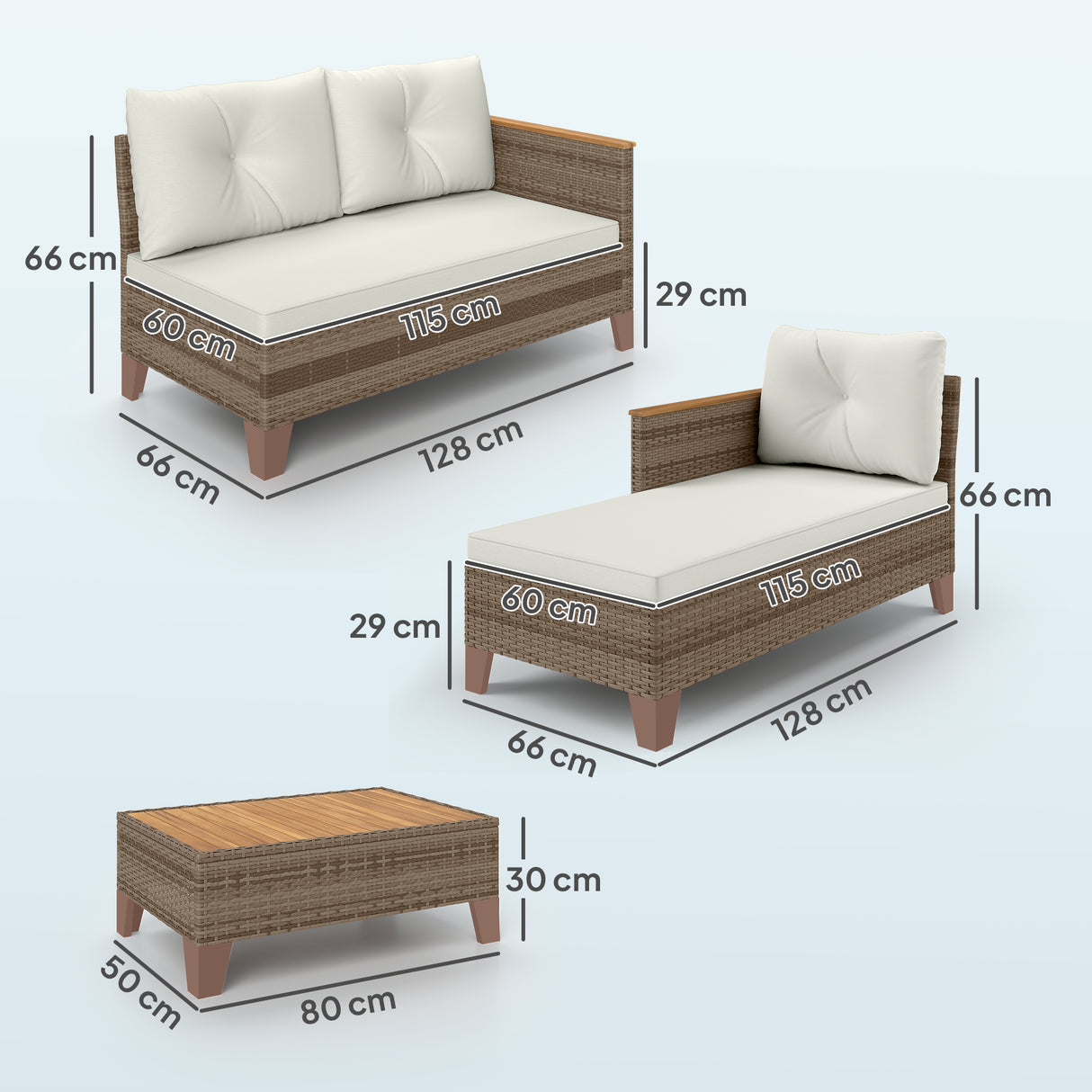 easycomfort easycomfort salotto da giardino in rattan pe con divano 2 posti chaise longue e tavolino da caffe crema