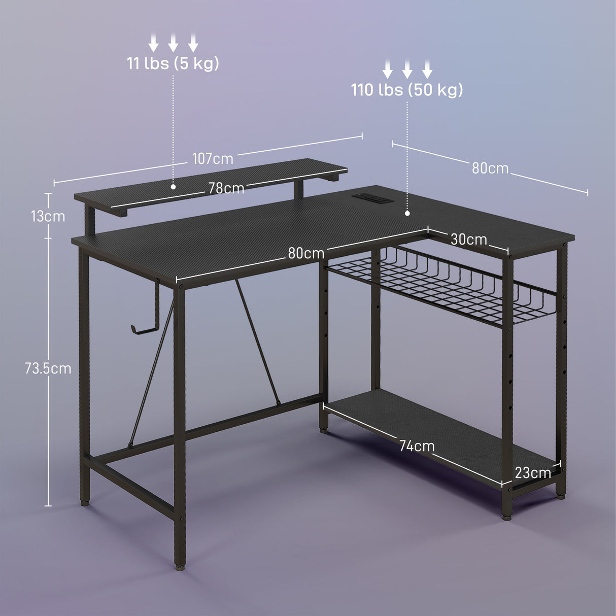 easycomfort easycomfort scrivania angolare reversibile con led prese di corrente e prese usb ripiani e supporto monitor nero