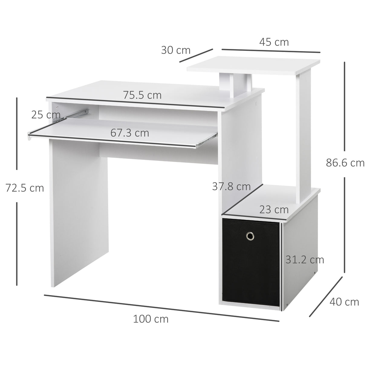 easycomfort easycomfort scrivania moderna con mensola per tastiera e cassetto in tessuto 100x40x86 6cm bianco e nero
