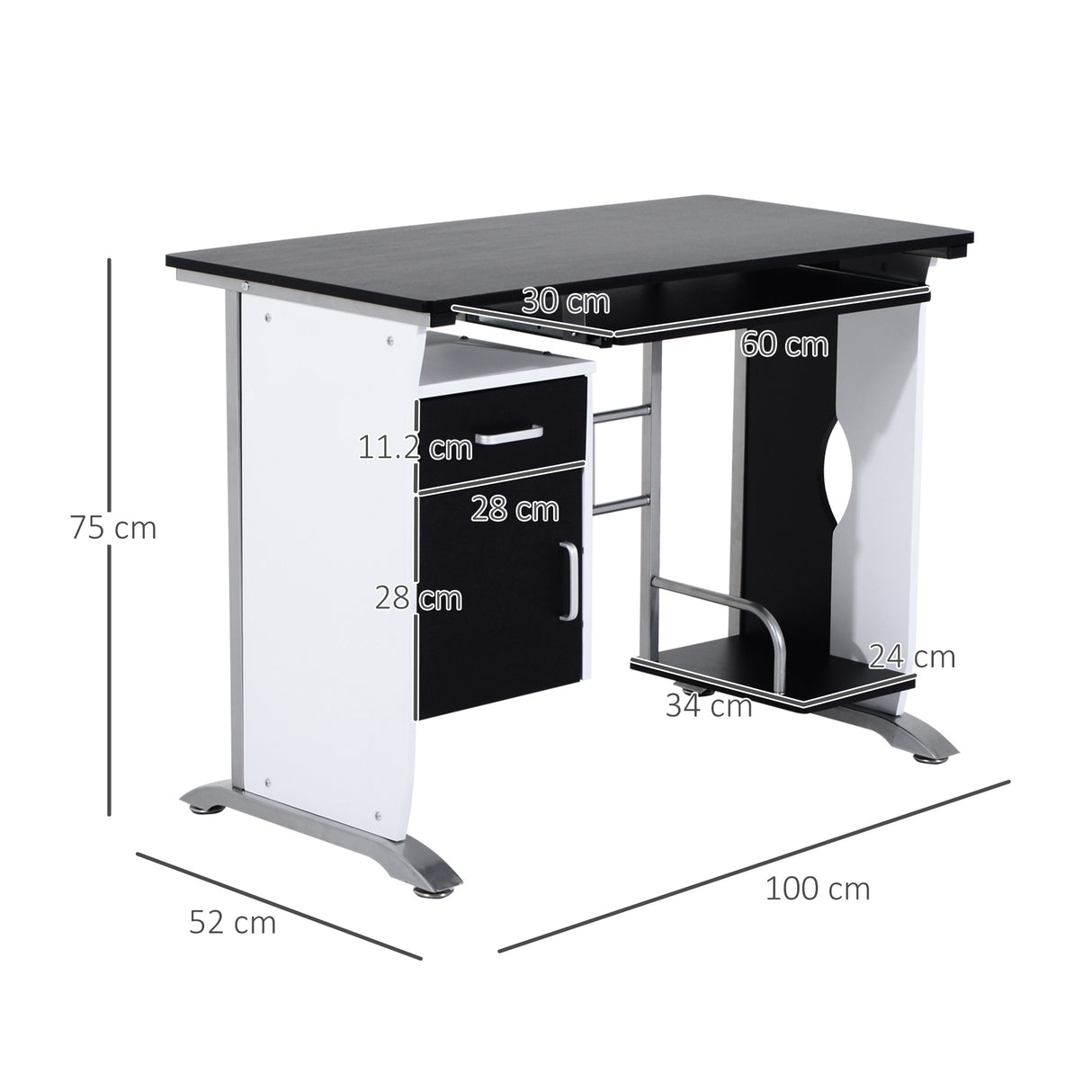 easycomfort easycomfort scrivania per computer con ripiano cassetto e armadietto in mdf e ferro 100x52x75 cm bianca e nera