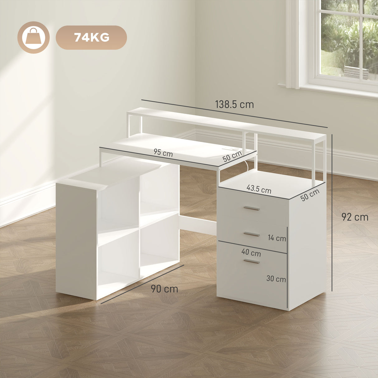 easycomfort easycomfort scrivania ufficio con 2 tavoli 4 ripiani 3 cassetti e supporto per monitor in legno 138 5x90x92 cm bianco