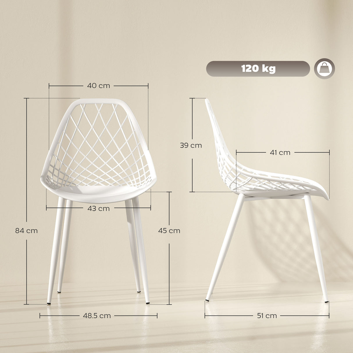 easycomfort easycomfort set 4 sedie da pranzo moderne con schienale traforato in plastica e gambe in metallo bianco