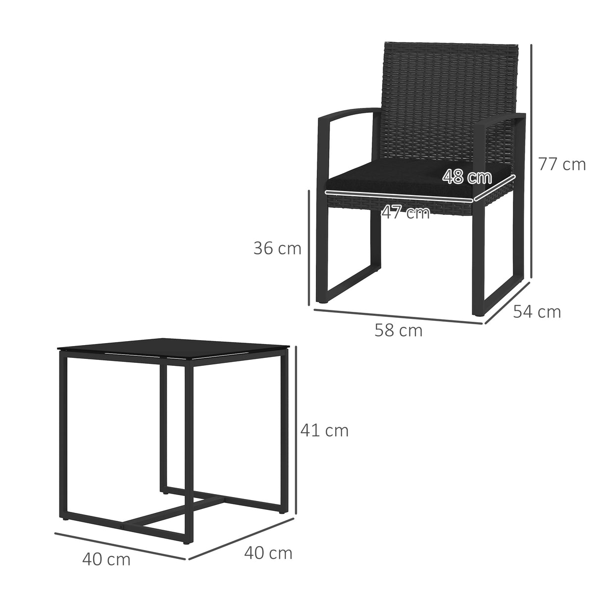 easycomfort easycomfort set da giardino 3 pezzi con 2 sedie con cuscini e tavolino con piano in vetro effetto rattan nero