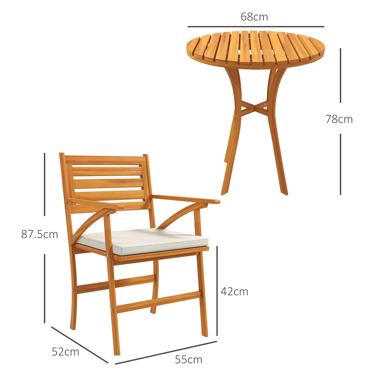 easycomfort easycomfort set da giardino 3 pezzi in legno di pino con tavolo rotondo 68x78 cm e 2 sedie 55x52x87 5 cm con cuscini