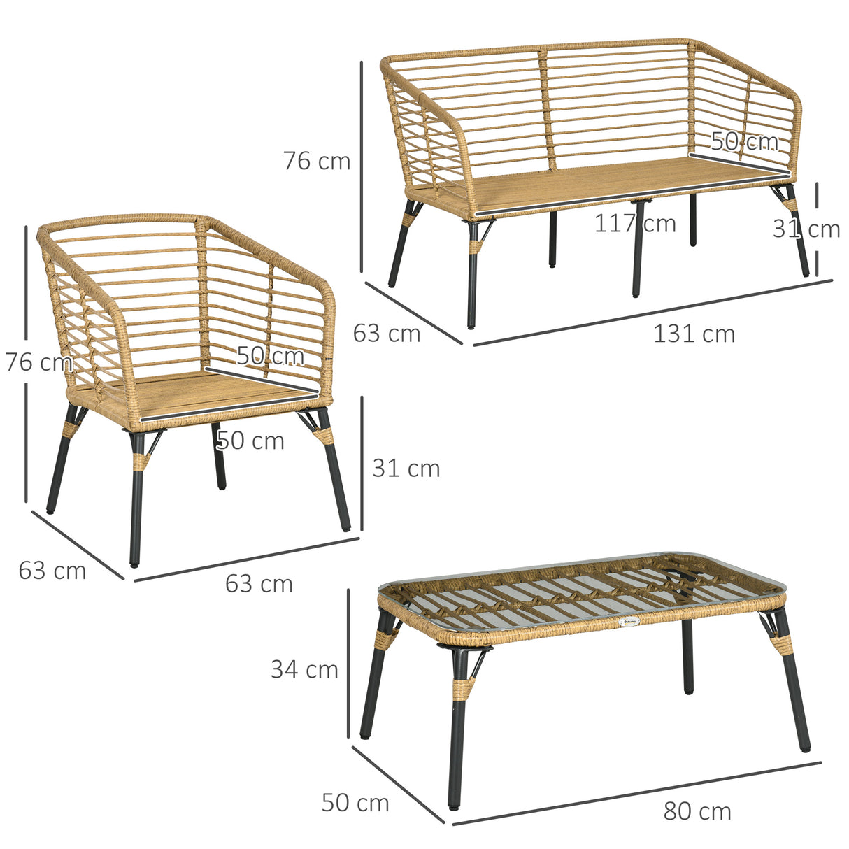 easycomfort easycomfort set da giardino 4 pezzi in rattan pe e acciaio con 2 sedie divano 2 posti e tavolino marrone nero e grigio