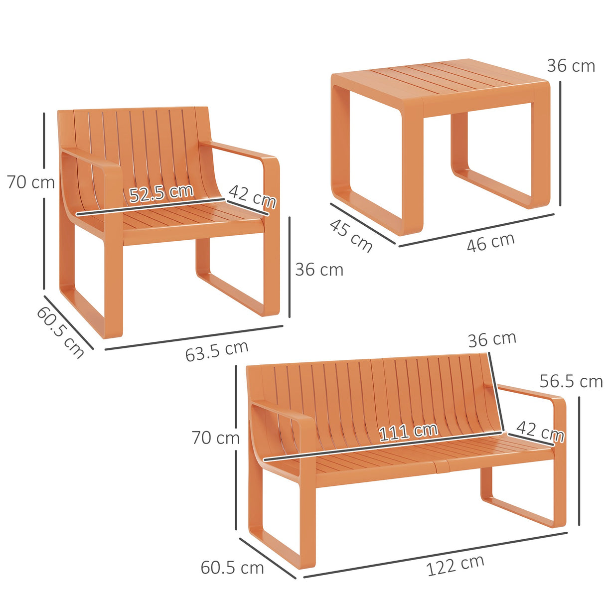 easycomfort easycomfort set da giardino 5 pezzi a doghe con divanetto 2 poltroncine e 2 tavolini in polipropilene arancione