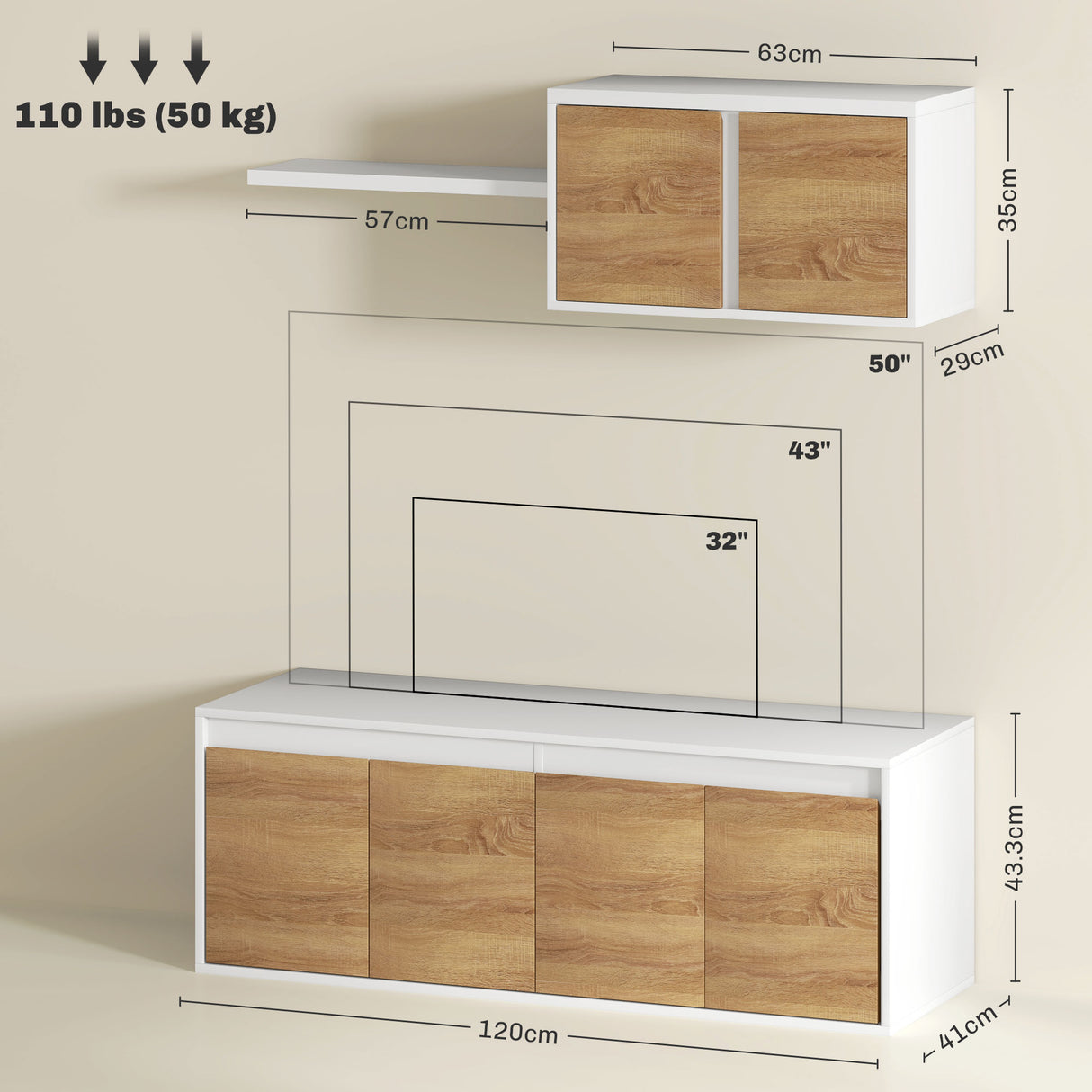 easycomfort easycomfort set mobile tv e armadietto a muro con 7 ripiani e scaffale aperto in legno 120x41x43 3 cm bianco e color legno
