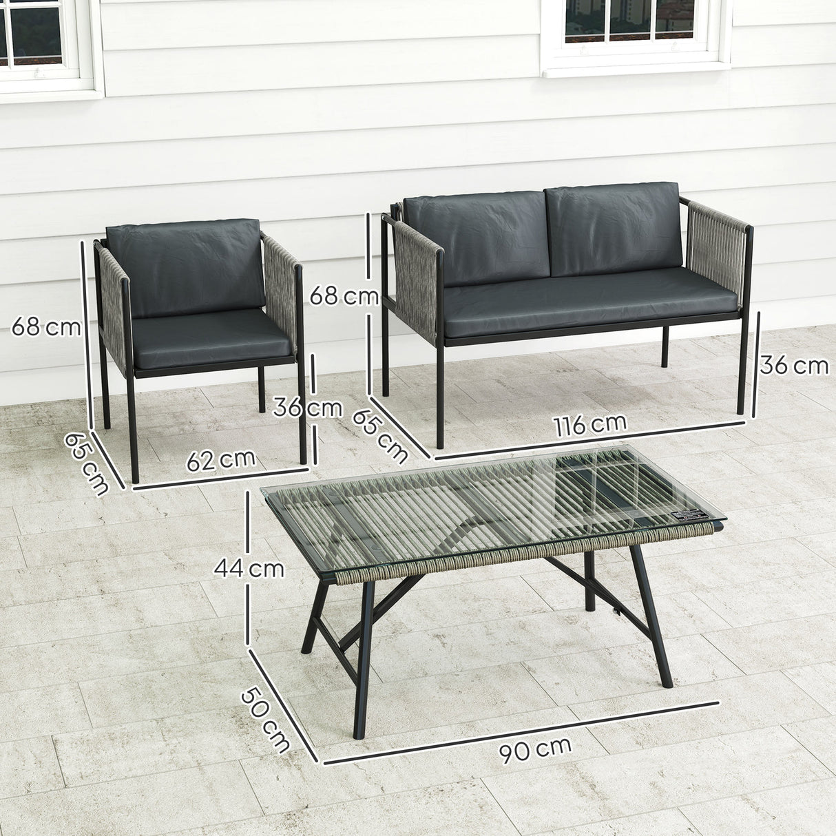 easycomfort easycomfort set salotto da giardino in rattan con 2 poltrone divanetto 2 posti e tavolino da caffe in vetro grigio