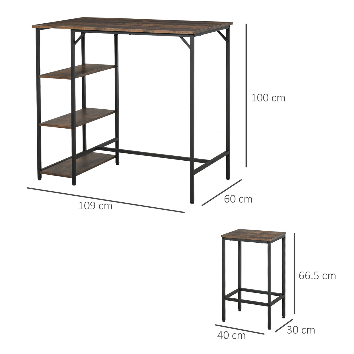 easycomfort easycomfort set tavolo alto con 2 sgabelli e scaffale stile industriale in metallo e legno arredamento moderno bar e cucina marrone rustico ean 8054144139098