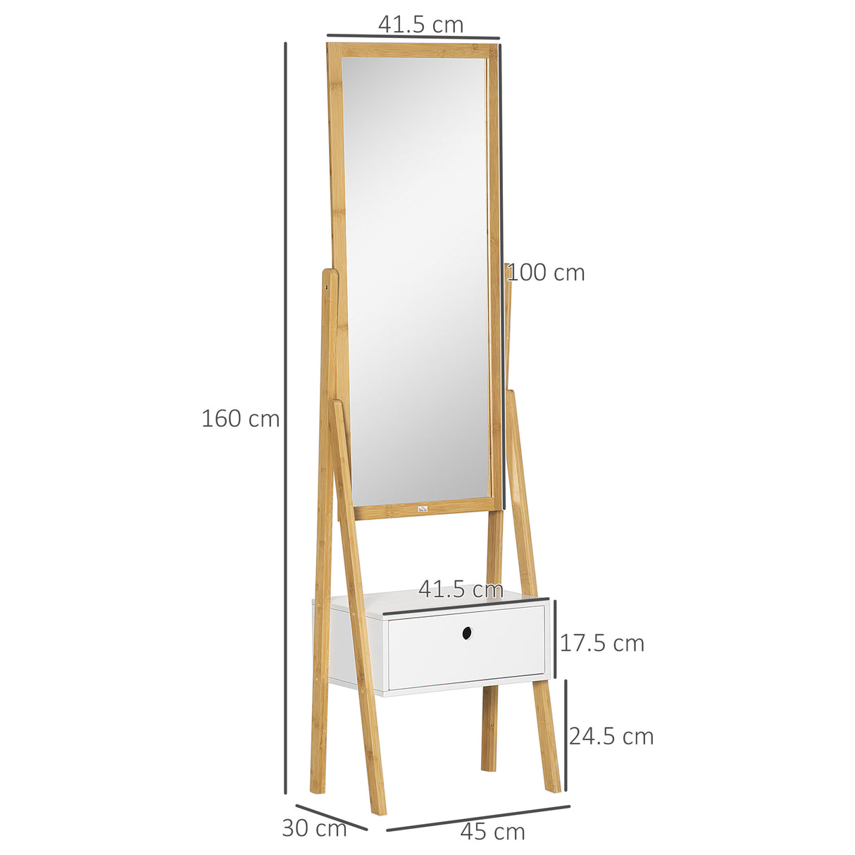 easycomfort easycomfort specchio da terra con cassetto in mdf e bambu 45x30x160 cm bianco e color legno