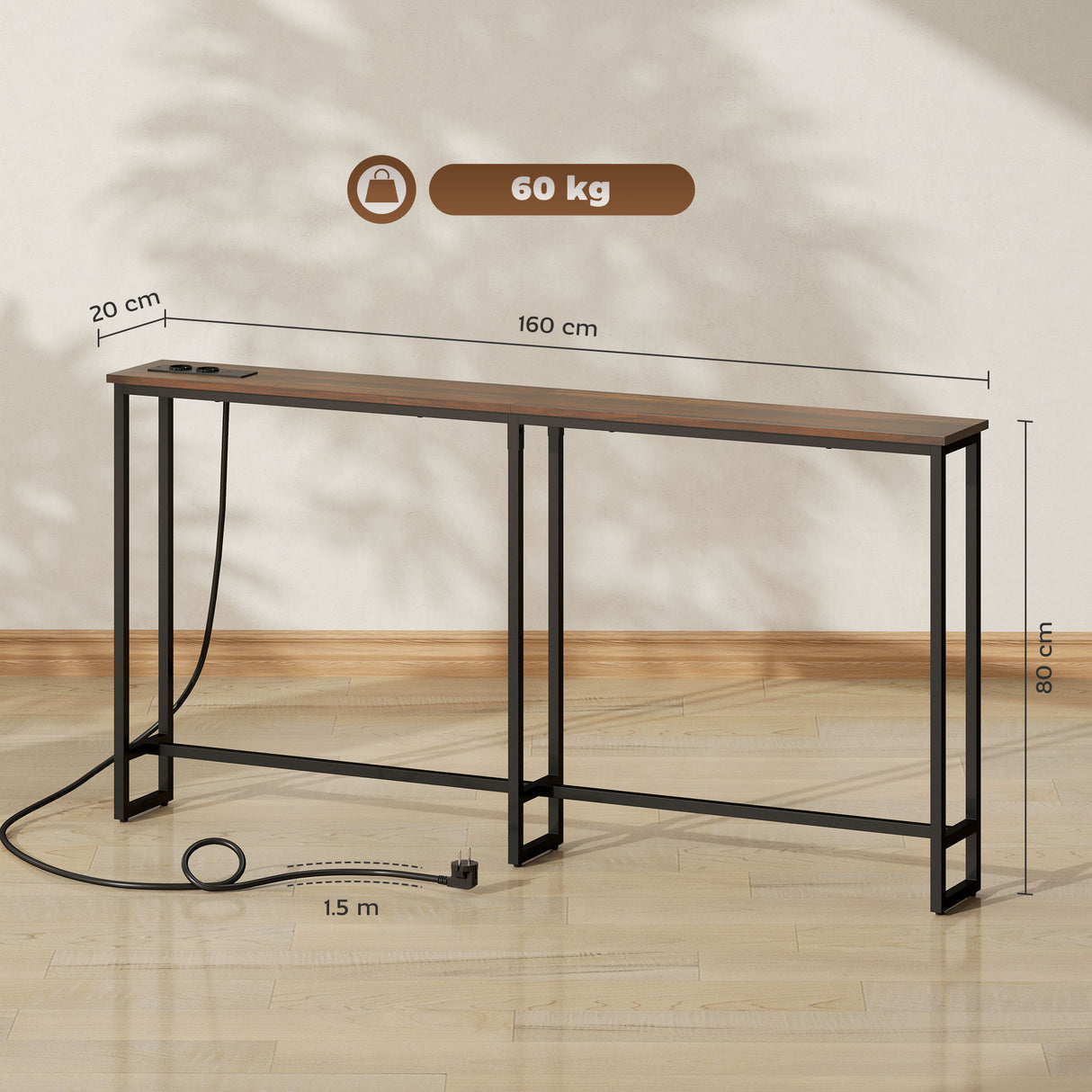 easycomfort easycomfort tavolo consolle in stile industriale con stazione di ricarica in legno e acciaio 160x20x80 cm marrone