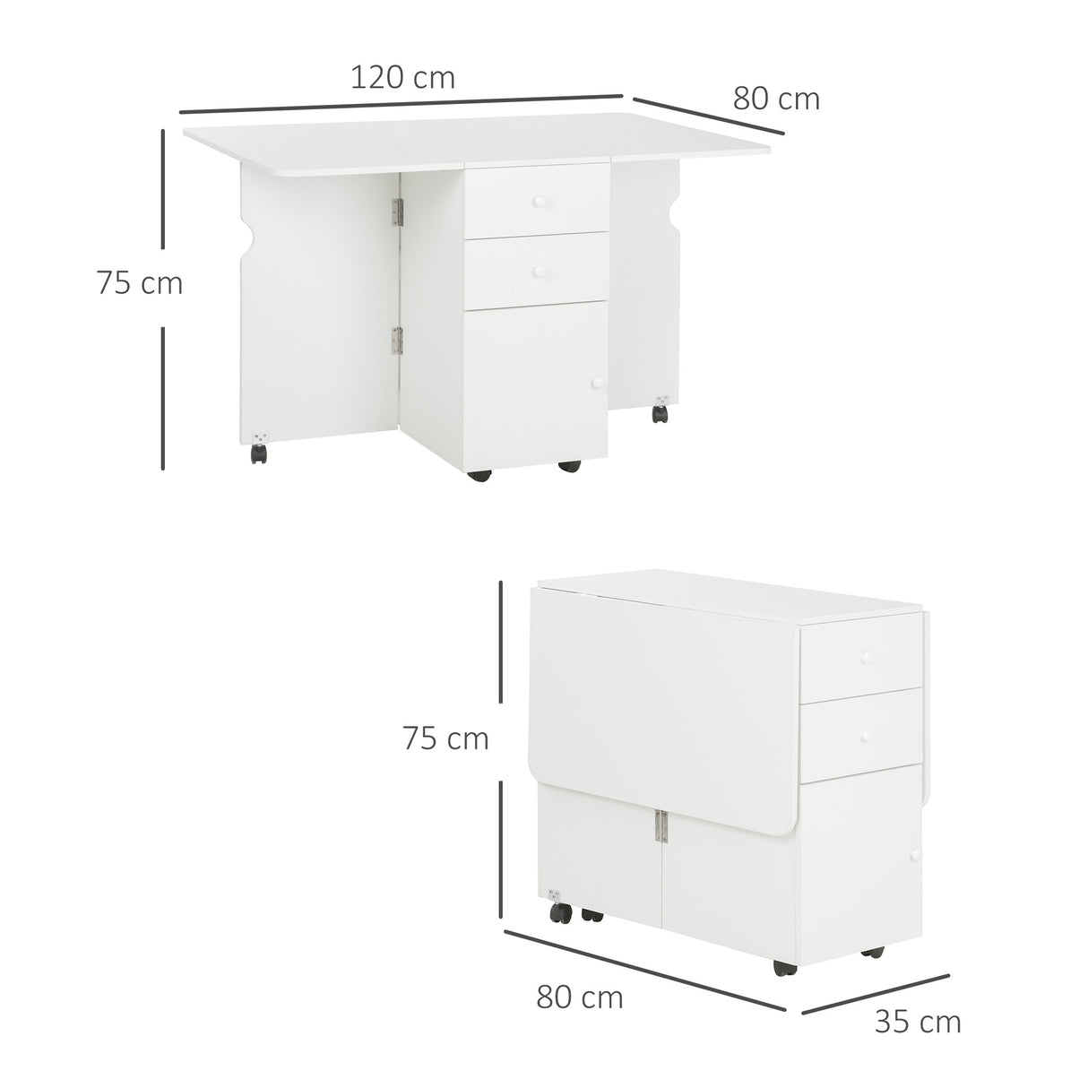 easycomfort easycomfort tavolo da cucina a ribalta con 2 cassetti e armadietto ad ante in truciolato 120x80x75 cm bianco