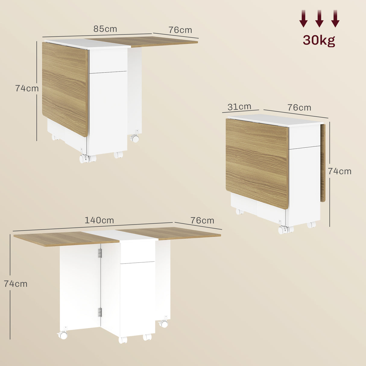 easycomfort easycomfort tavolo rettangolare allungabile con 2 cassetti e un armadietto in legno 140x76x74 cm bianco e color legno