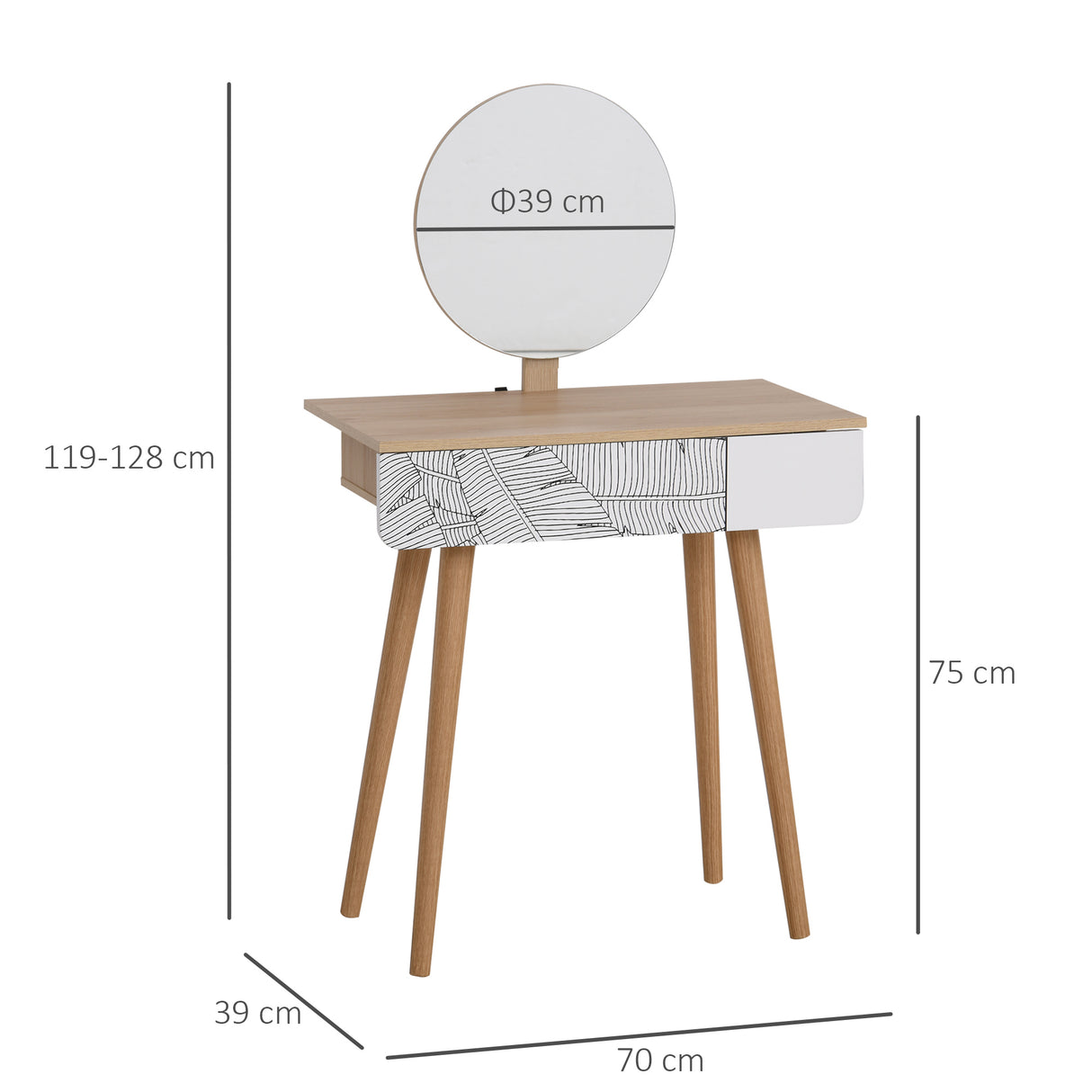 easycomfort easycomfort toeletta tavolo da trucco con specchio circolare 39cm consolle trucco con cassetto con decorazione jungle bianco e rovere 70x39x119 128cm ean 8054144134673