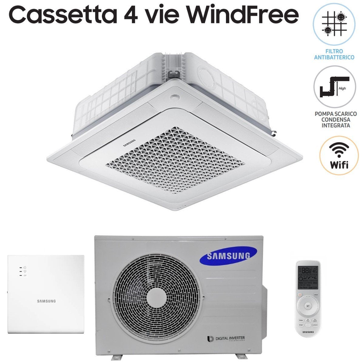 climatizzatore condizionatore samsung inverter cassetta a 4 vie windfree 24000 btu ac071nn4dkh monofase wi fi optional con telecomando wireless e pannello incluso 6389