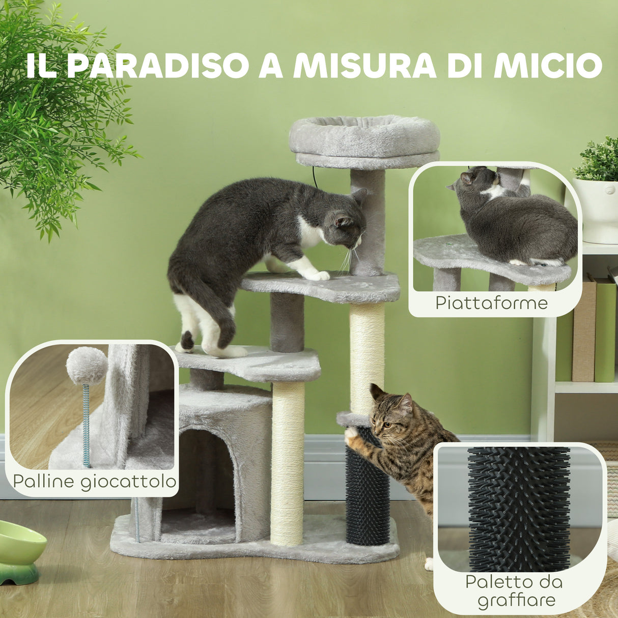 easycomfort easycomfort albero per gatti con casetta lettino e palline in truciolato sisal e peluche 60x39x87 cm grigio chiaro e crema