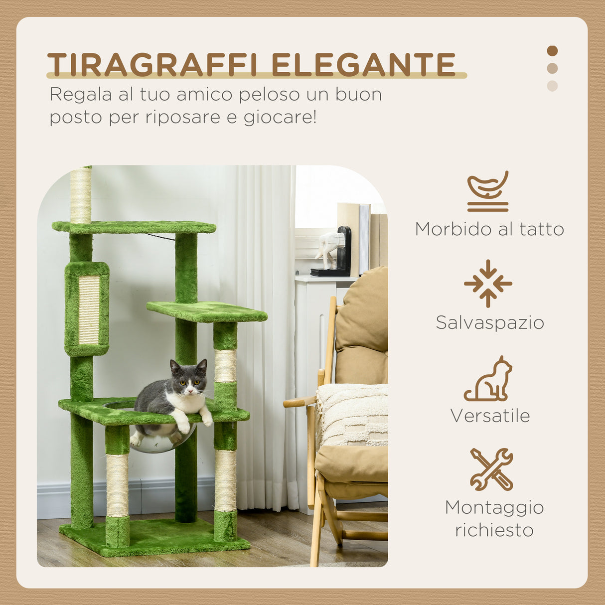easycomfort easycomfort albero per gatti multilivello con amaca tiragraffi pallina e foglie decorative 49x49x142 cm verde