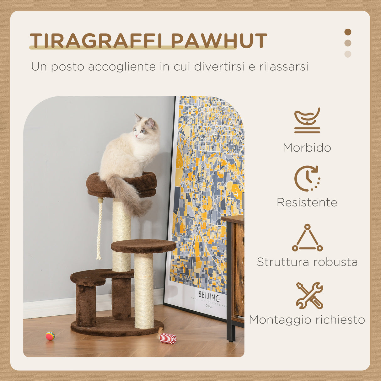easycomfort easycomfort albero tiragraffi per gatti a 3 livelli con lettino in peluche e pali in sisal 40x65 cm marrone