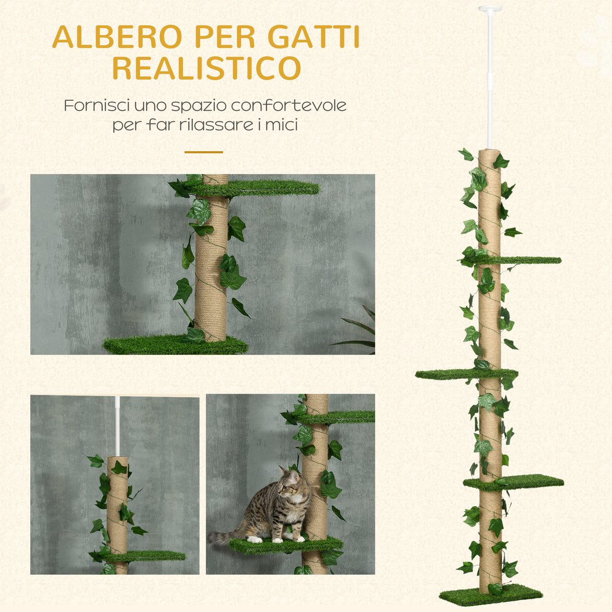 easycomfort easycomfort albero tiragraffi per gatti a soffitto alto 202 242 cm regolabile con asta di tensione verde