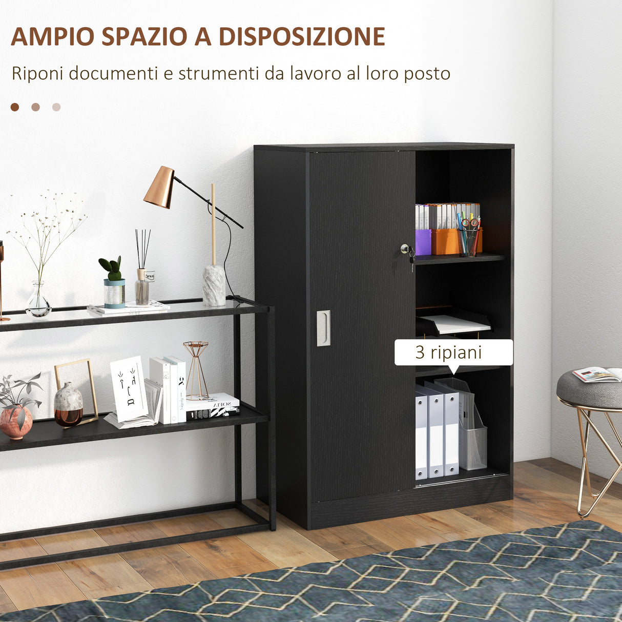 easycomfort easycomfort armadietto da ufficio a 3 ripiani con 2 chiavi di sicurezza e ante scorrevoli 80x40x120 cm nero
