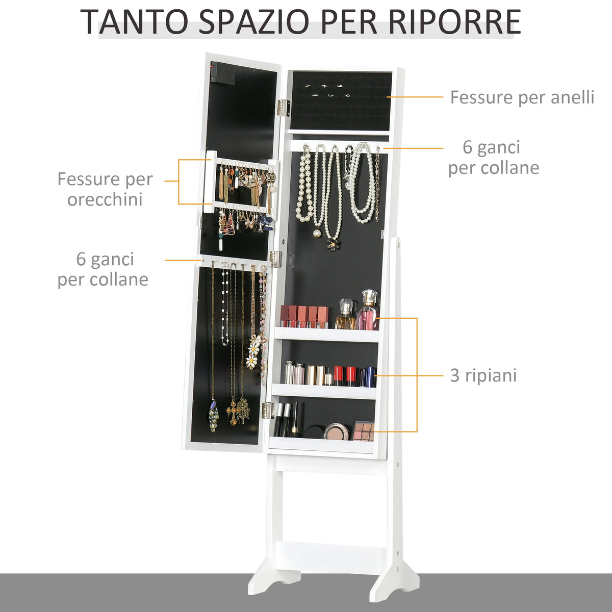 easycomfort easycomfort armadietto portagioie con specchio regolabile e luci led bianco caldo 36x30x136 cm