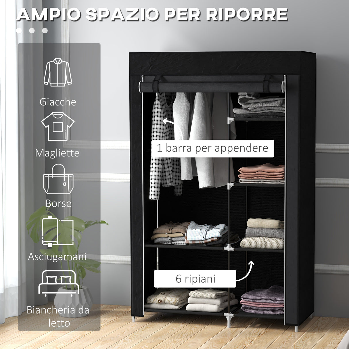 easycomfort easycomfort armadio guardaroba portatile in tessuto con 6 ripiani aperti e un appendino 103x43x162 5 cm nero