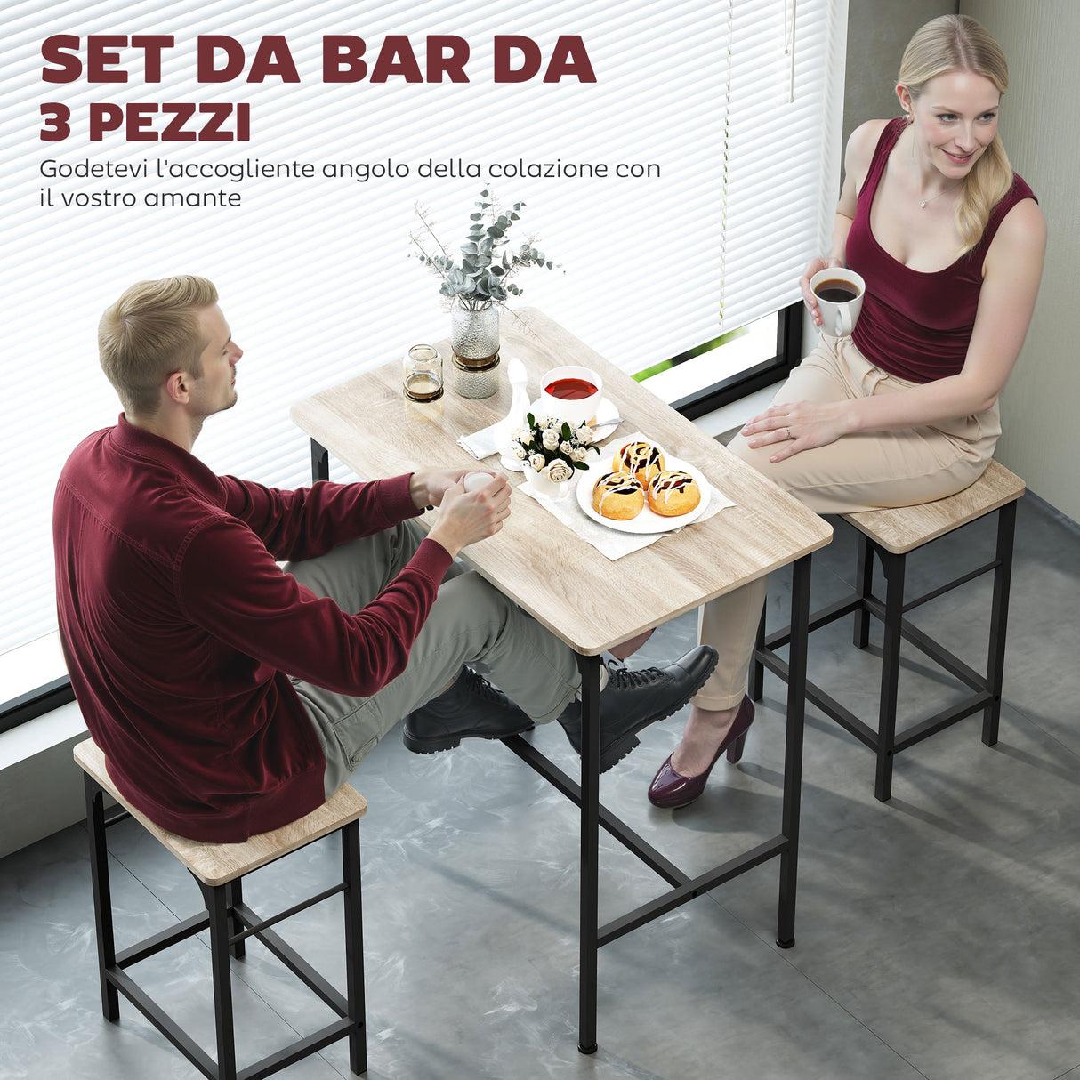 easycomfort easycomfort arredamento bar 3 pezzi con tavolo da cucina e 2 sgabelli da bar in legno e acciaio color legno e nero
